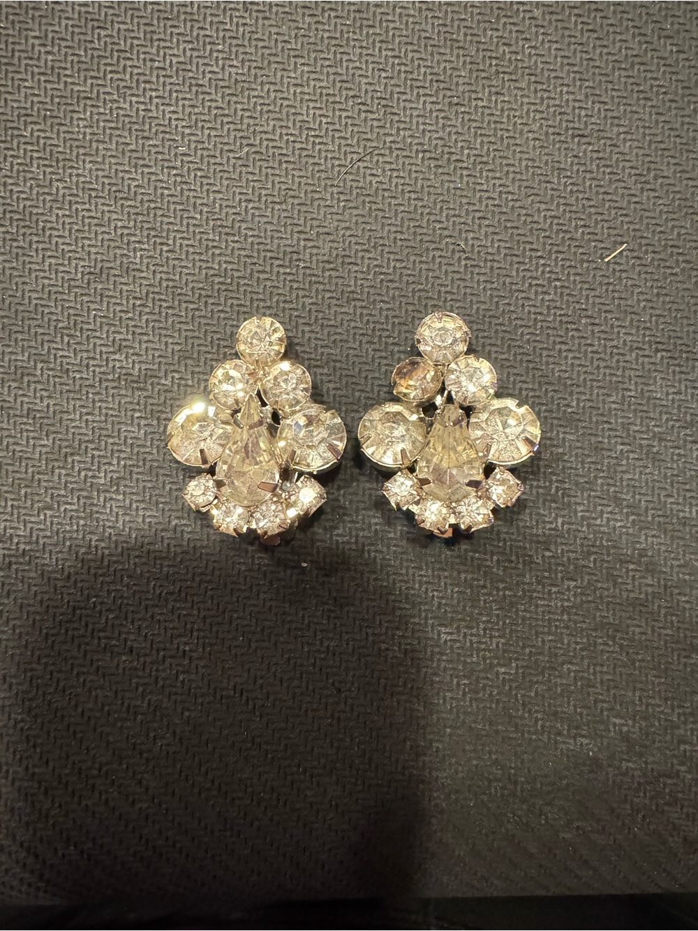 Vintage Crystal Teardrop Cluster Silver Tone  Clip-On Earrings